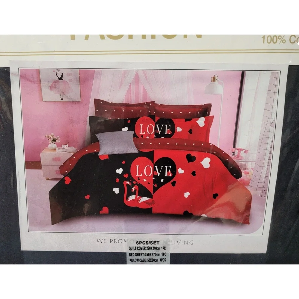 Italian Fashion Queen Size Duvet Cover Set 6 Pcs Design #HY-879 Red/Black Love